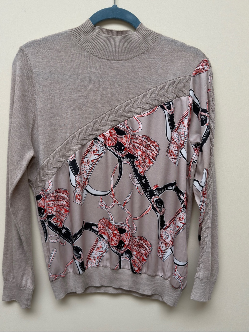 Neutral Taupe Mixed-Media Sweater with Red & Black Scarf Print